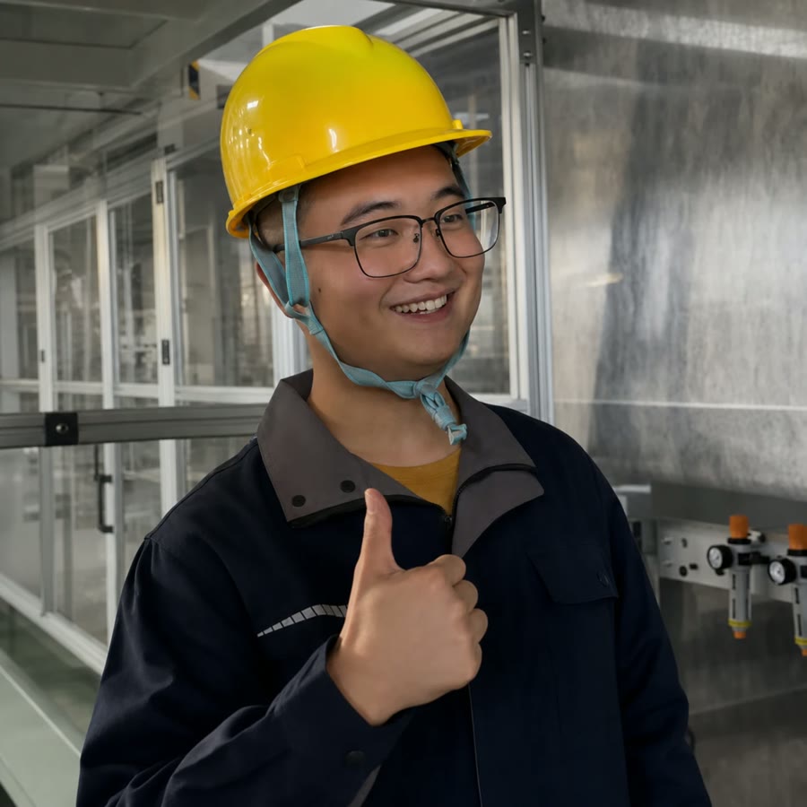 Jack Song in a hard hat at a partner factory